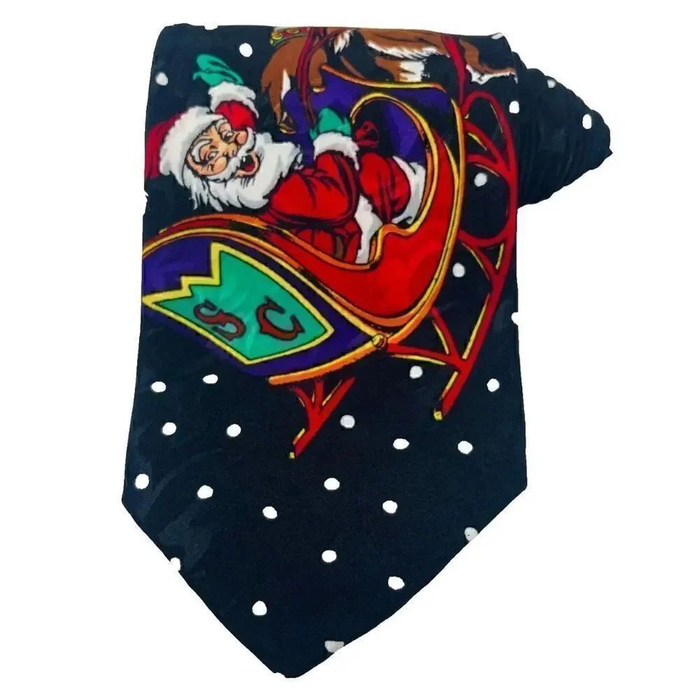 Addiction Men's Black & Snow Polka Dot Santa Sleigh Reindeer Christmas Necktie